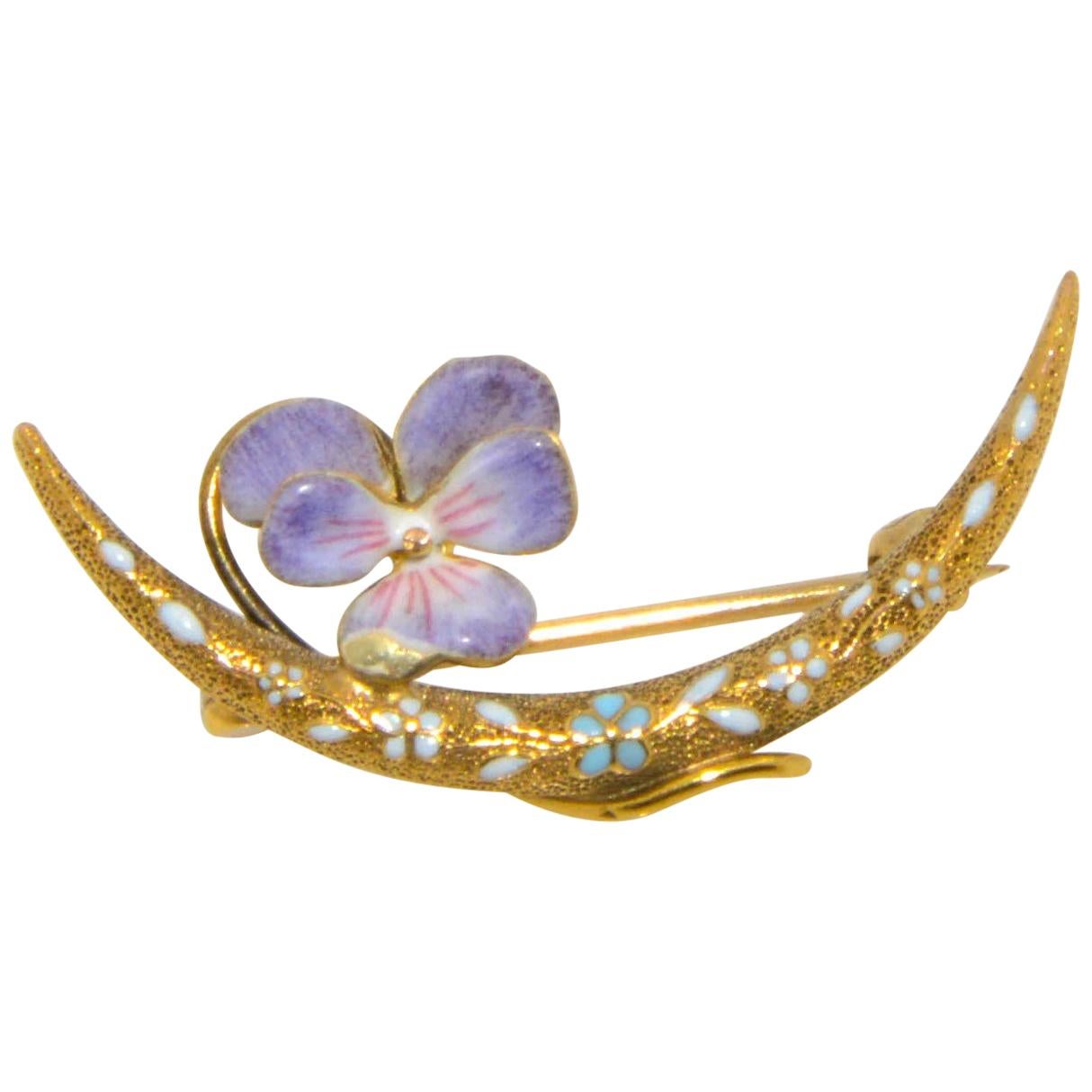 Art Nouveau 14 Karat Yellow Gold Enamel Flowers and Pearl Crescent Shaped Pin