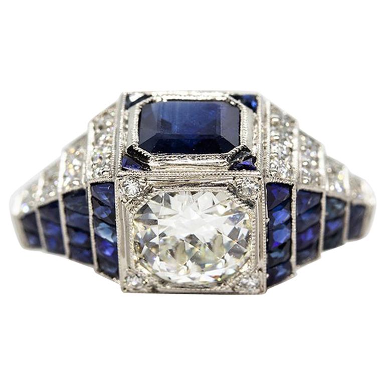 Platinum Estate  Sapphire and Diamond Art Deco Engagement  
