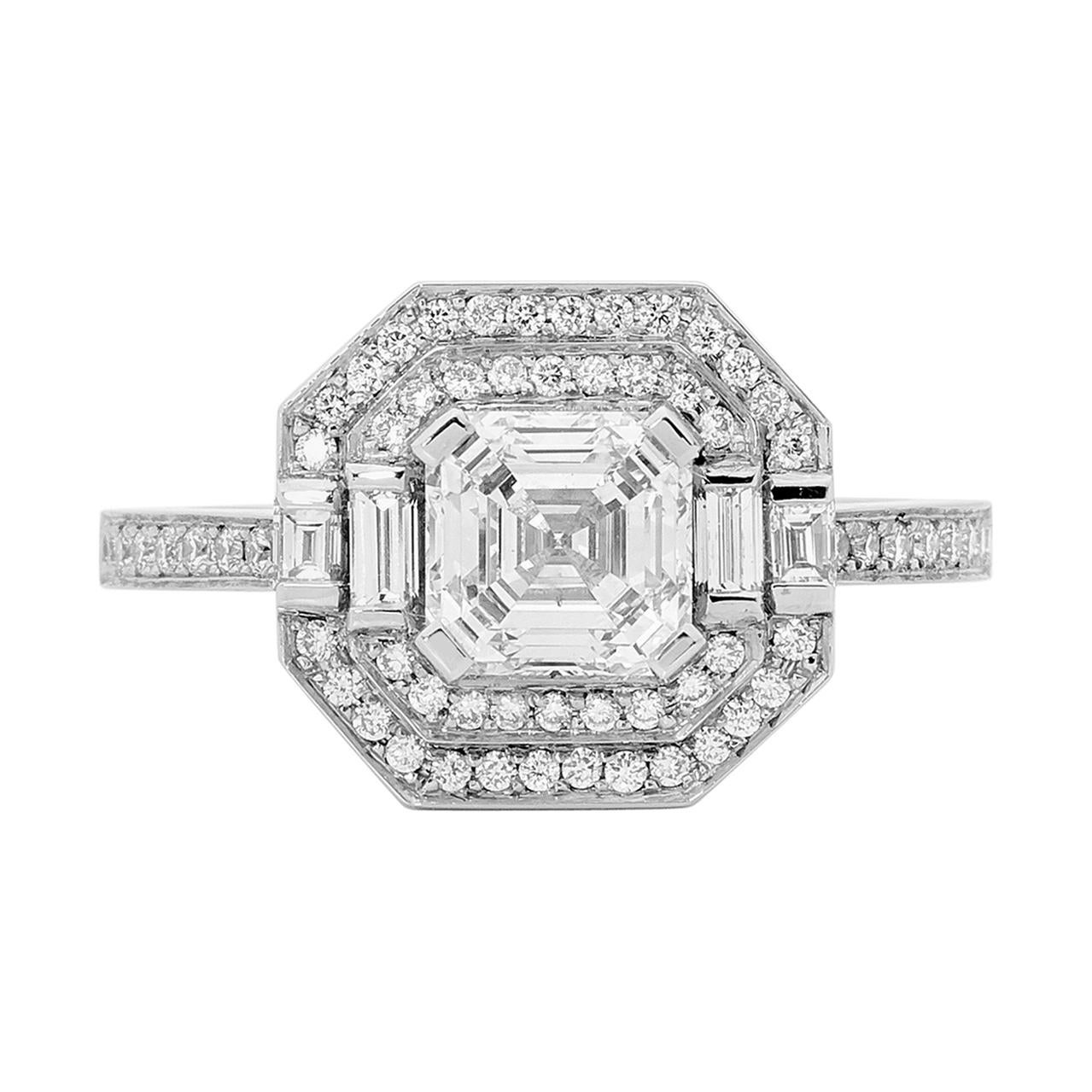 GIA Certified 1.31 Carat Asscher Cut Halo Diamond Platinum Engagement Ring For Sale