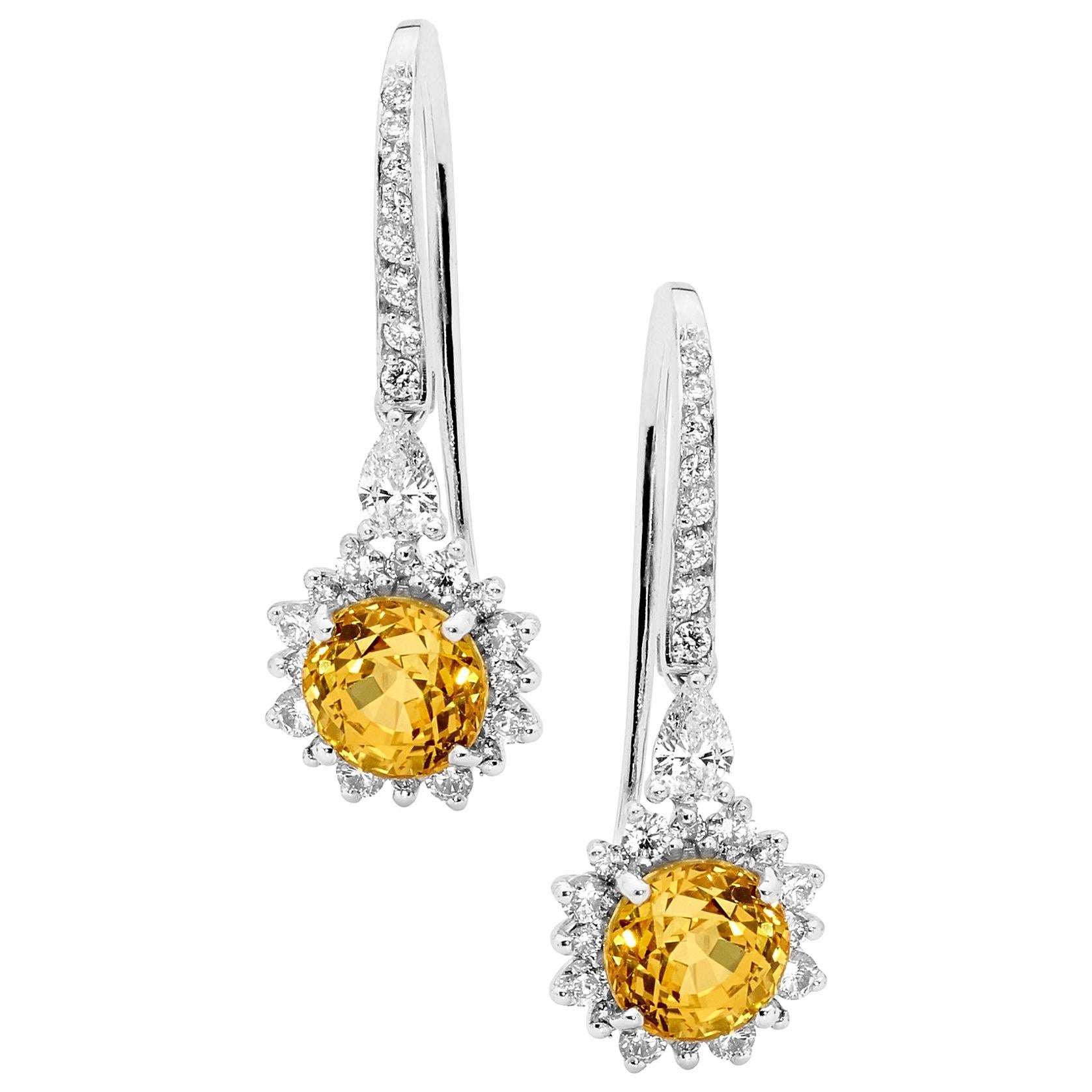 Yellow Sapphire and White Diamond 18 Carat White Gold Drop Earrings For Sale