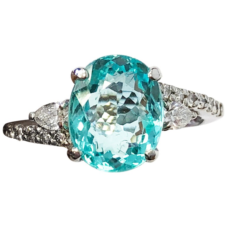 Blue Tourmaline Oval and White Diamond Engagement Ring in Platinum For