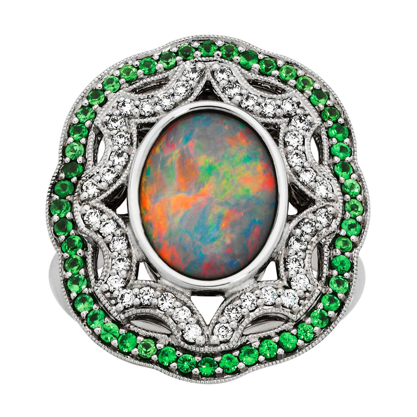 Giulians 18K Australian Black Opal Tsavorite Garnet and Diamond Ring For Sale