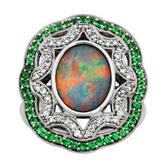 Giulians 18K Australian Black Opal Tsavorite Garnet and Diamond Ring