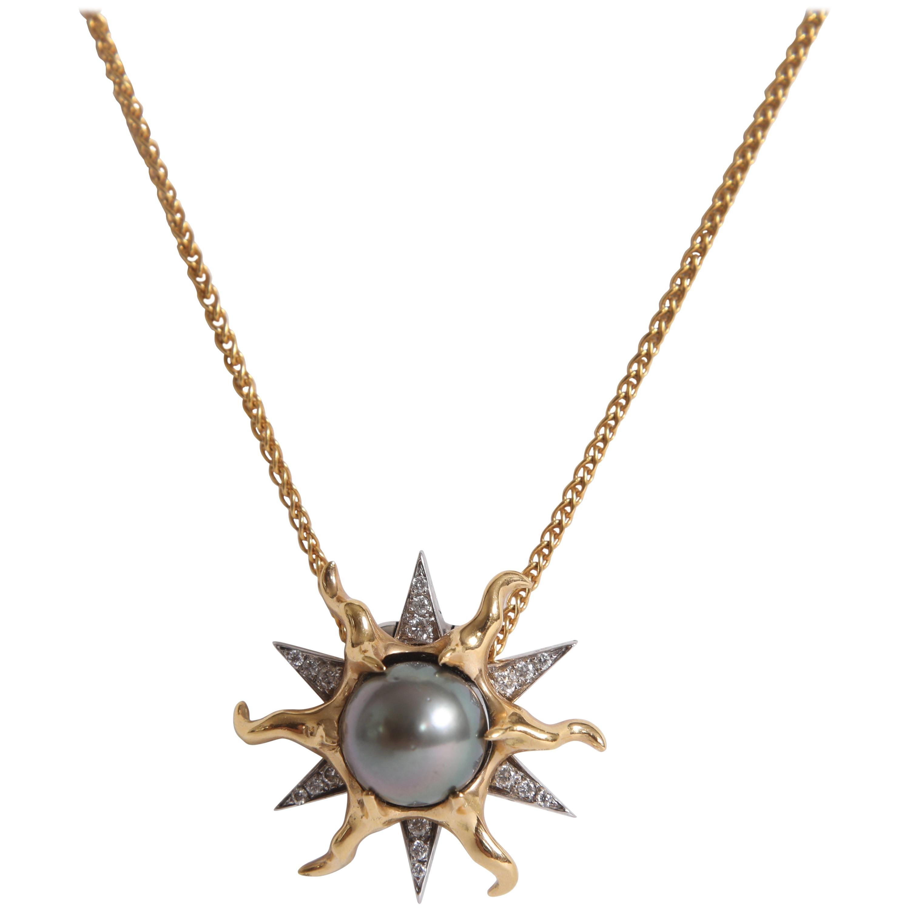 Sun Pendant in 18K Yellow and White Gold with a Tahitian Pearl and Diamonds For Sale