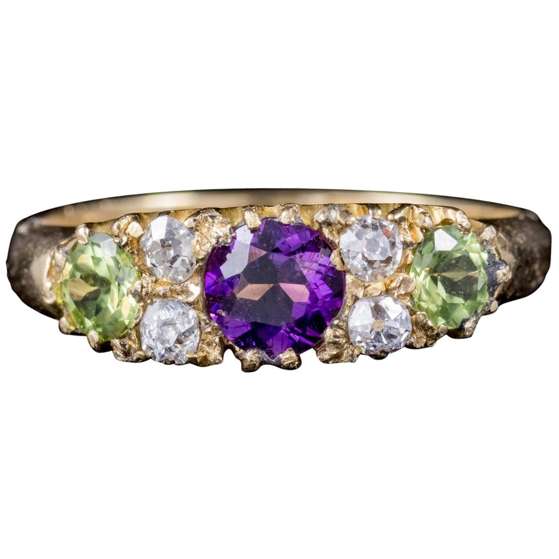 Antique 18 Carat Gold Edwardian Suffragette Ring Amethyst Peridot Diamond, 1912
