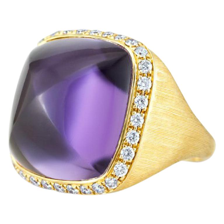 Designer Square Hand Curved Cabochon Big Amethyst & Diamonds in 18k Gold