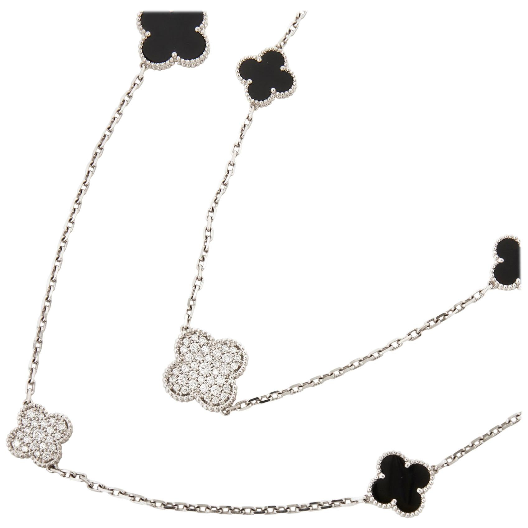 Van Cleef & Arpels 18k White Gold Onyx & Diamond Magic Alhambra Necklace