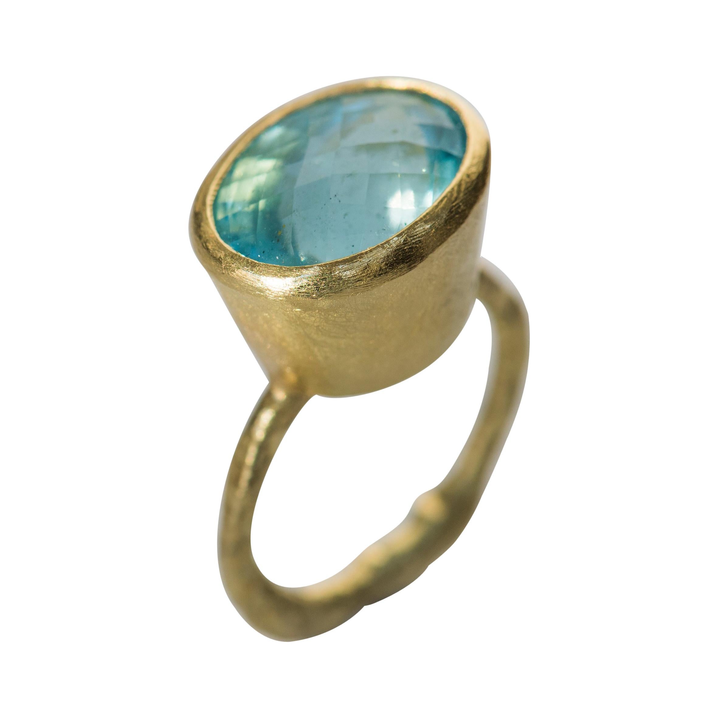 Deep Blue Aquamarine 18 Karat Gold Cocktail Ring Handmade by Disa Allsopp For Sale