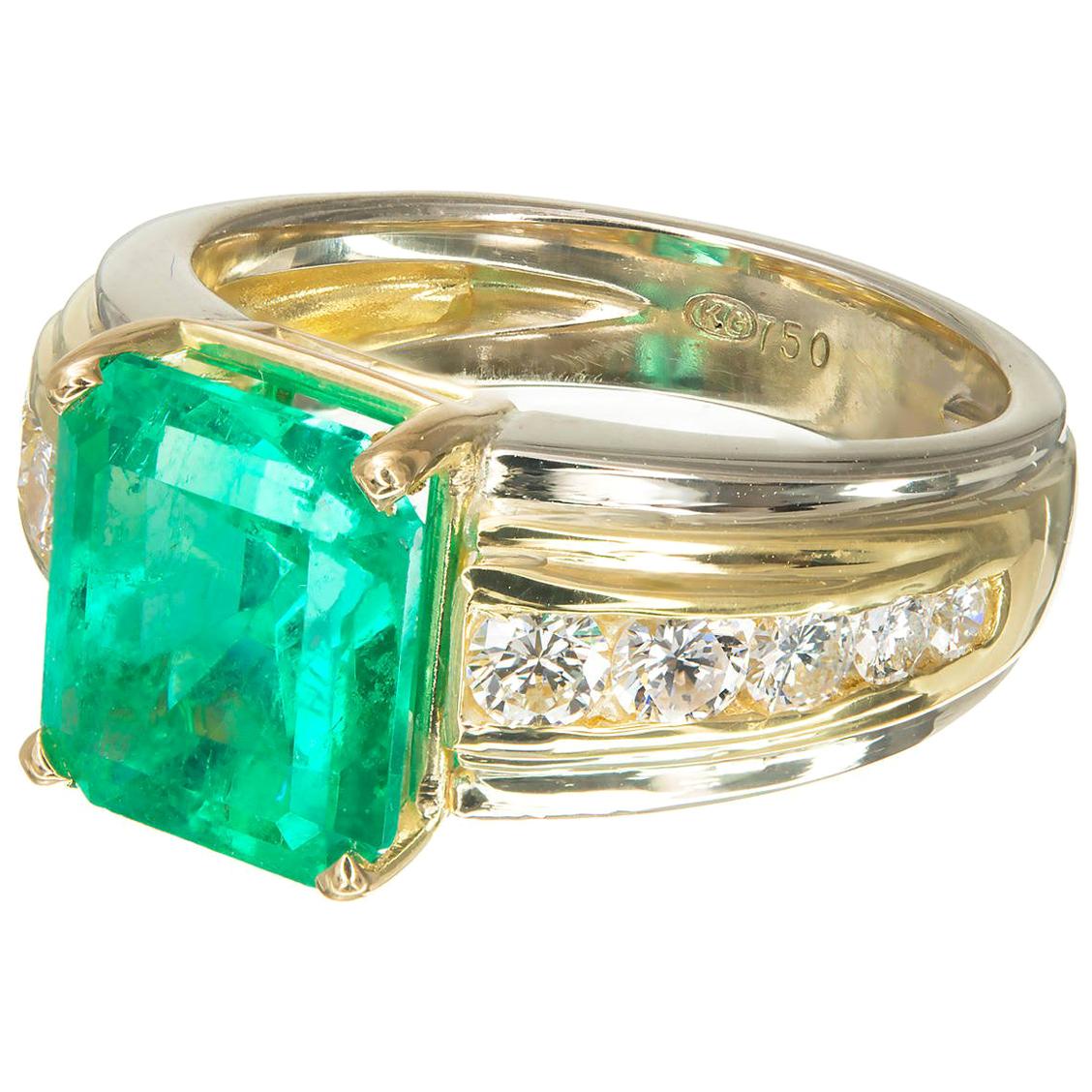GIA-zertifizierter 4,02 Karat kolumbianischer Smaragd-Diamant-Gelb-Weißgoldring (Achteckschliff) im Angebot