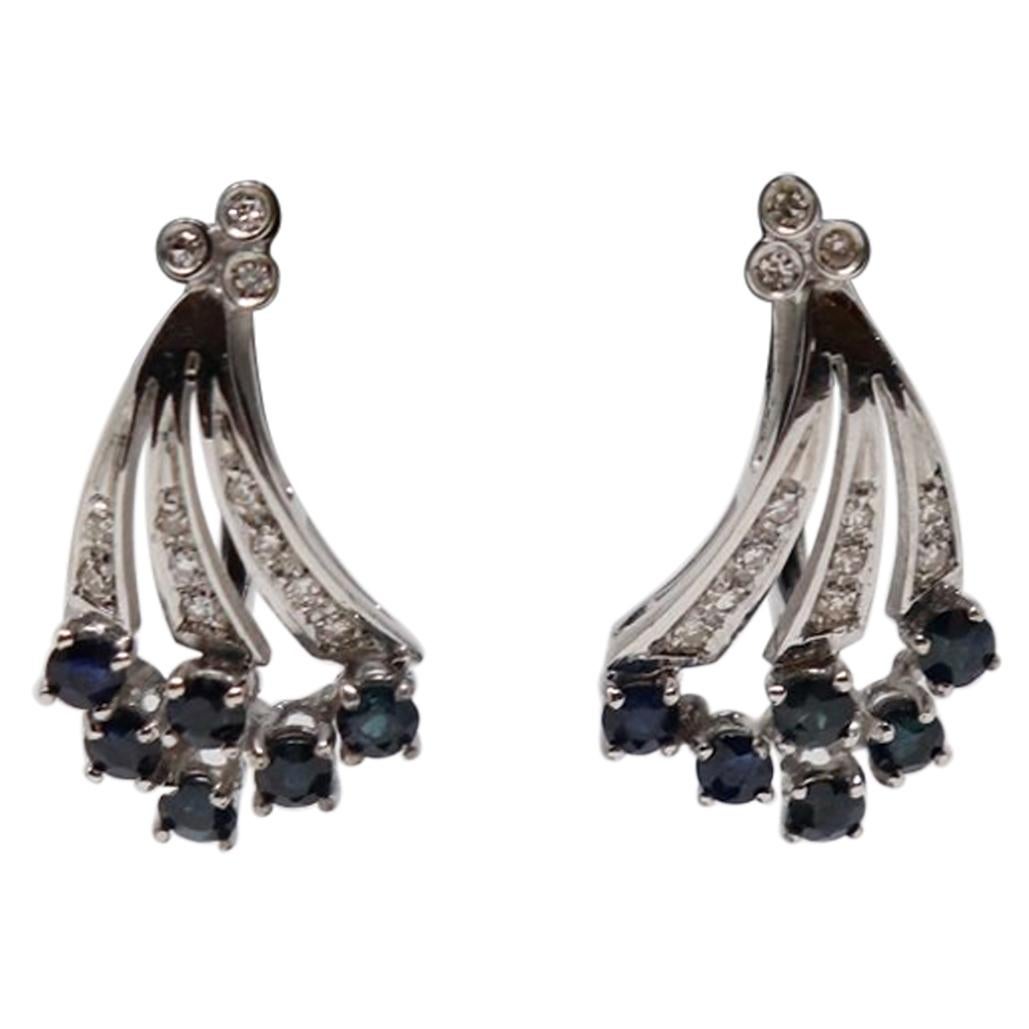 White Gold Drop Earrings with Brilliant Cut Diamonds and Blue Sapphire For Sale