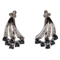 White Gold Drop Earrings with Brilliant Cut Diamonds and Blue Sapphire