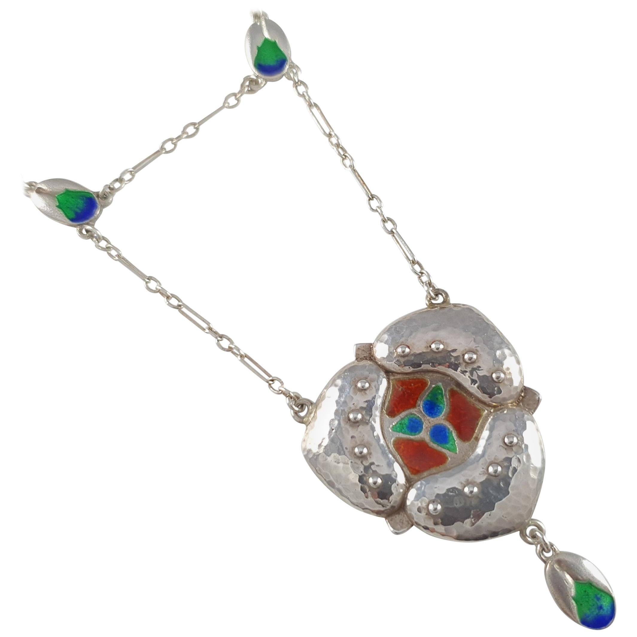 Murrle Bennett & Co. Arts & Crafts Silver and Enamel Pendant Necklace circa 1905