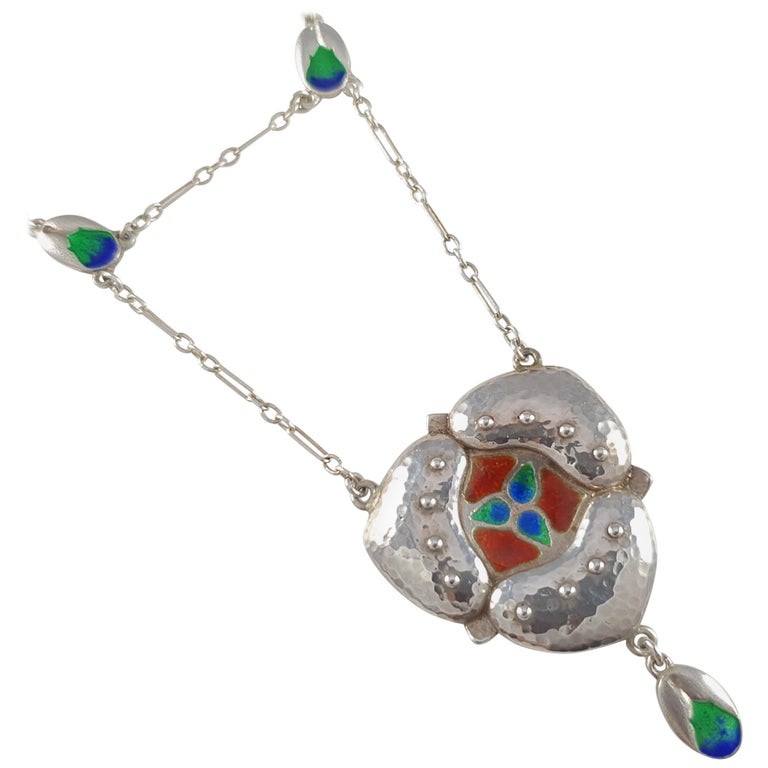 Murrle Bennett & Co. Arts & Crafts Silver and Enamel Pendant Necklace circa 1905 For Sale
