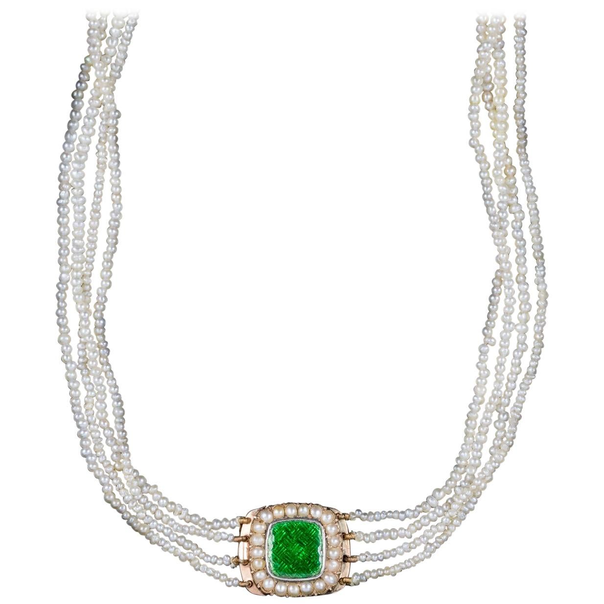 Antique Georgian Pearl Necklace Green Enamel Clasp 9 Carat Gold, circa 1800