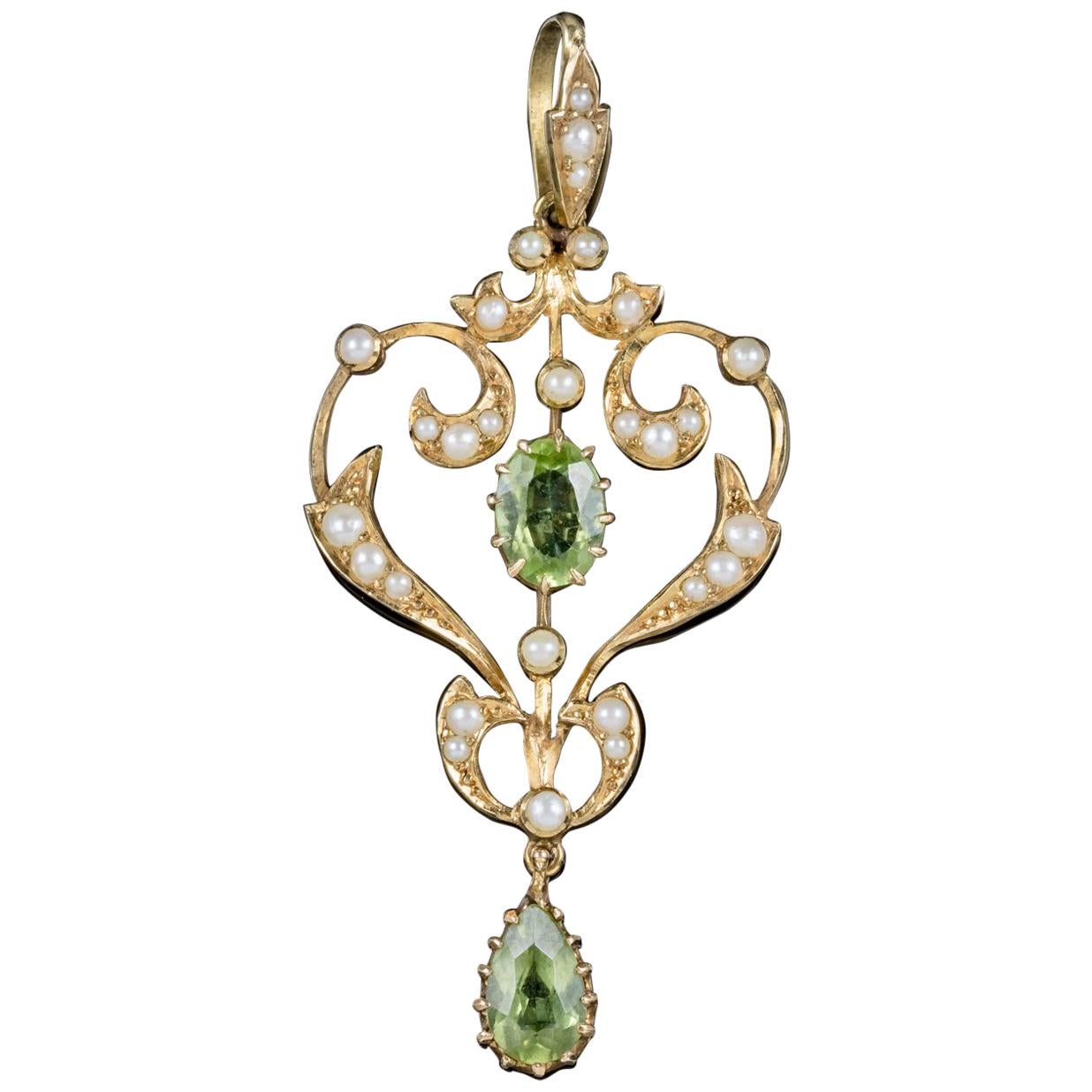 Antique Victorian Peridot Pearl Pendant 15 Carat Gold, circa 1900 For Sale