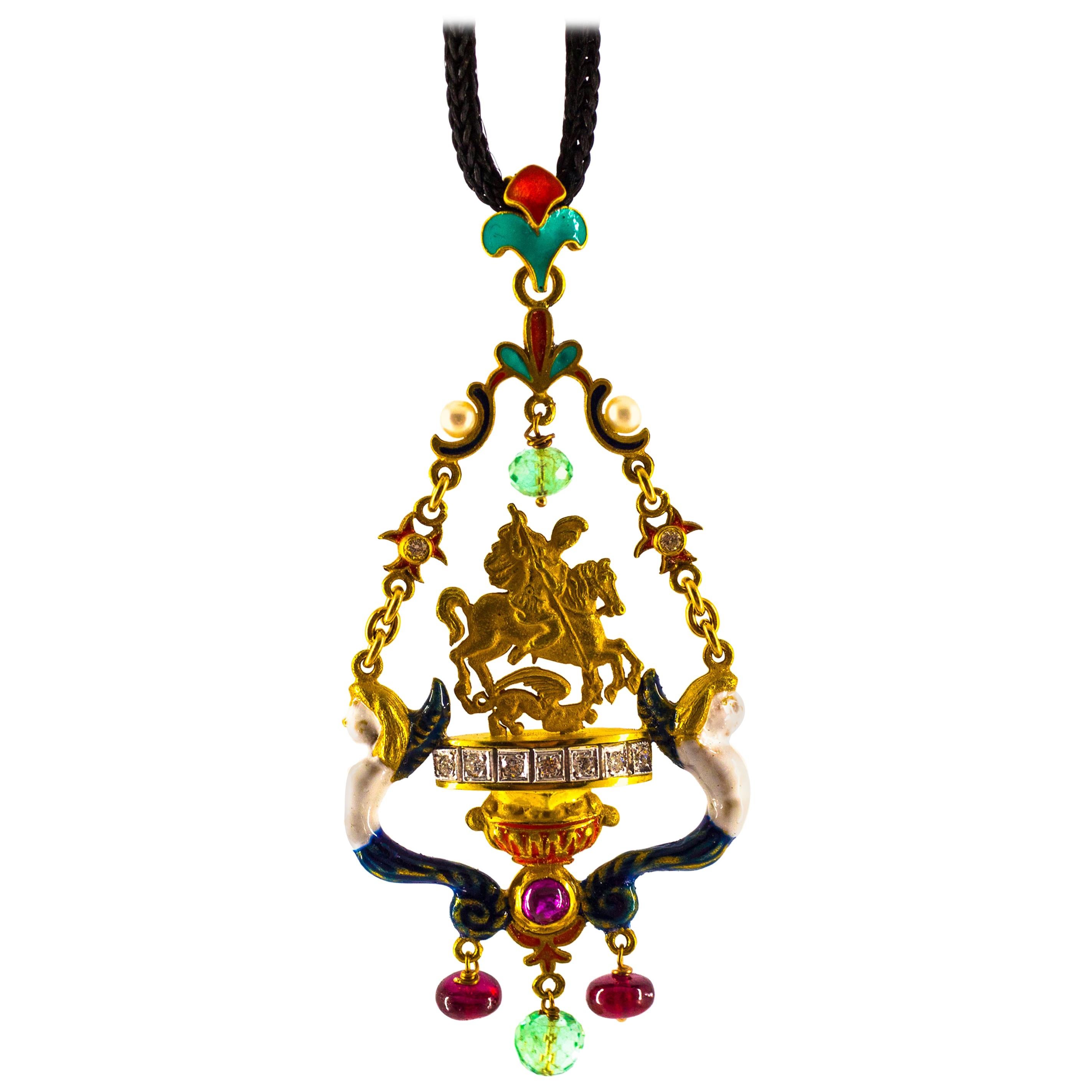 4.21 Carat White Diamond Ruby Emerald Pearl Yellow Gold Saint George Necklace