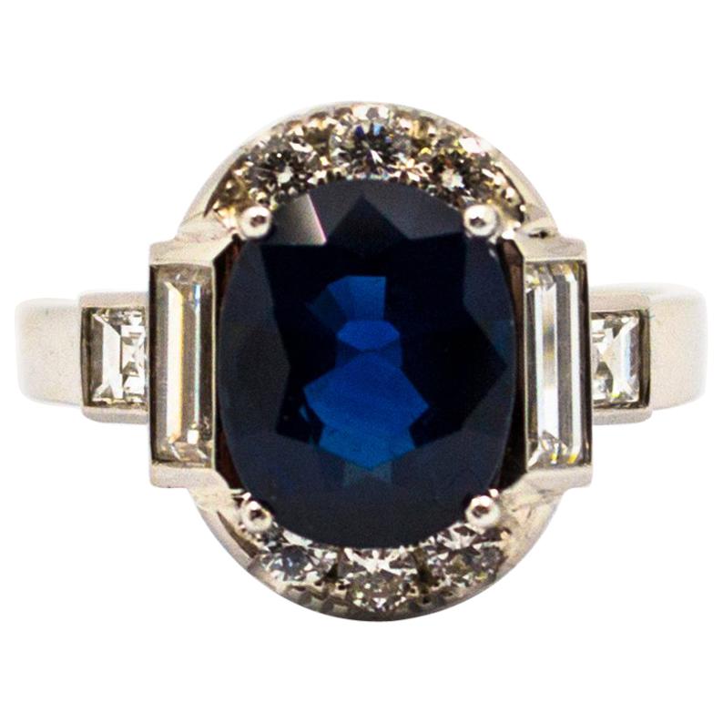 Certified 3.36 Carat Blue Sapphire 1.14 Carat Diamond White Gold Cocktail Ring