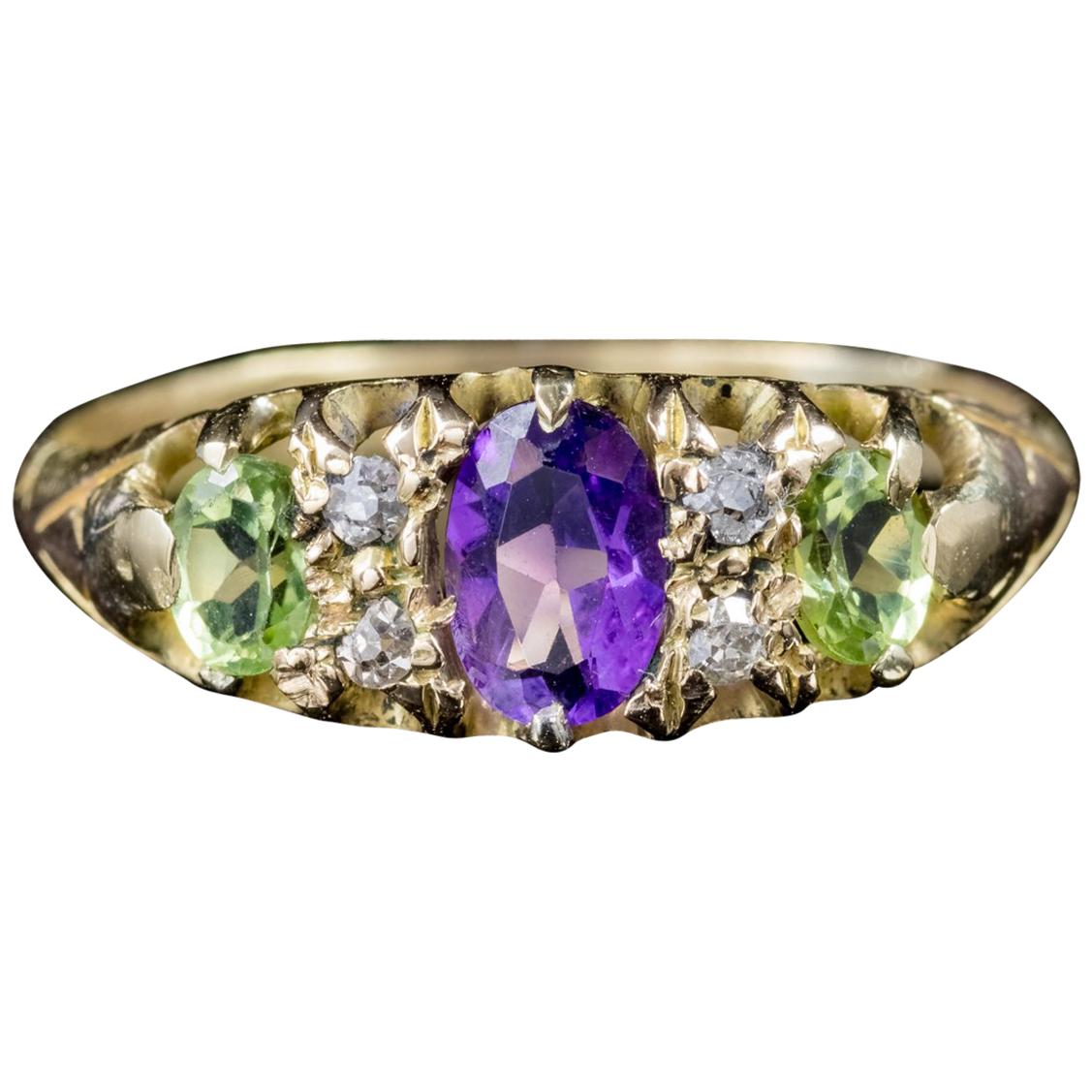 Antique Victorian Diamond Amethyst Peridot Suffragette Ring 18 Carat Gold For Sale