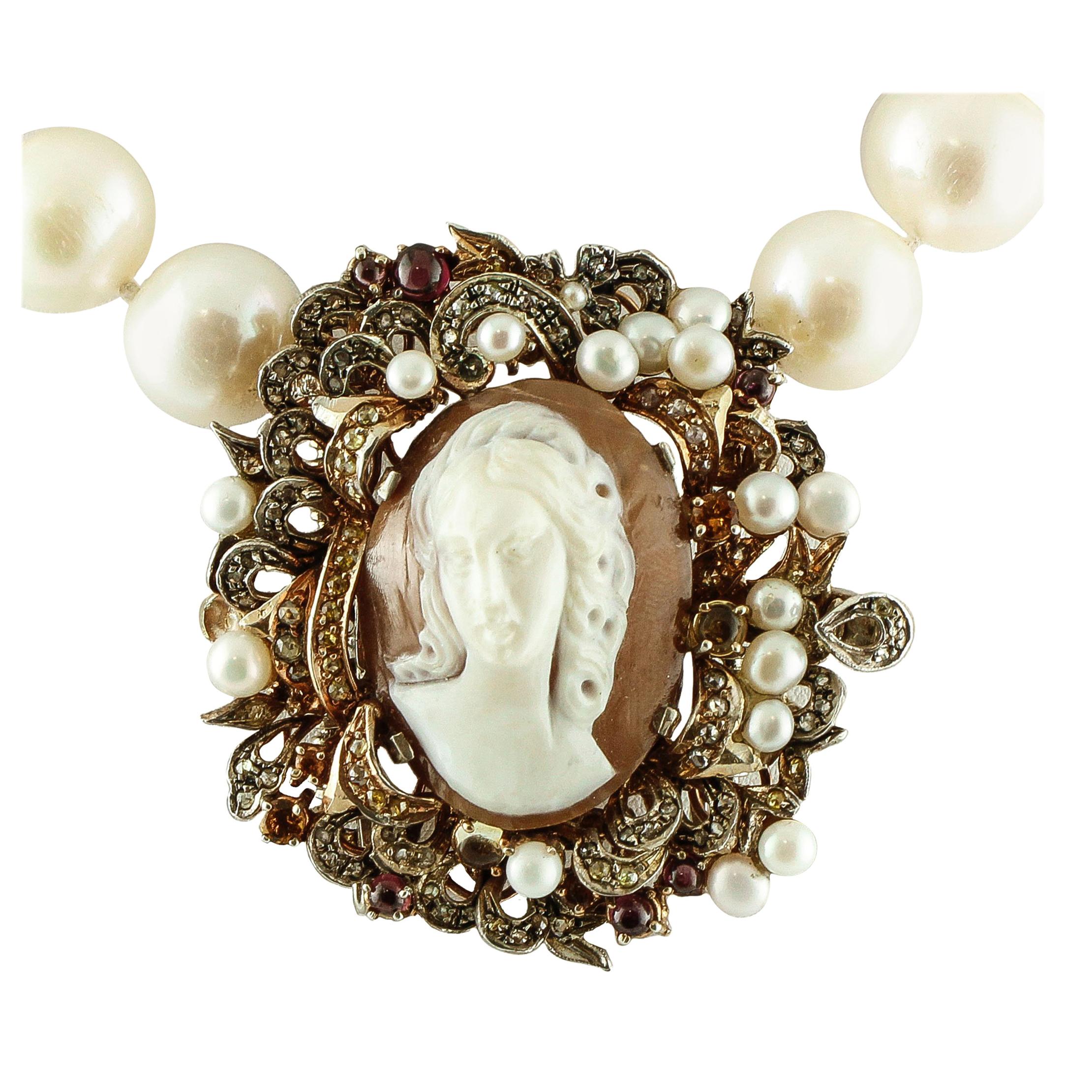 Diamonds, Garnets, Topazes, Cameo, Australian Pearls Beaded Retro Necklace