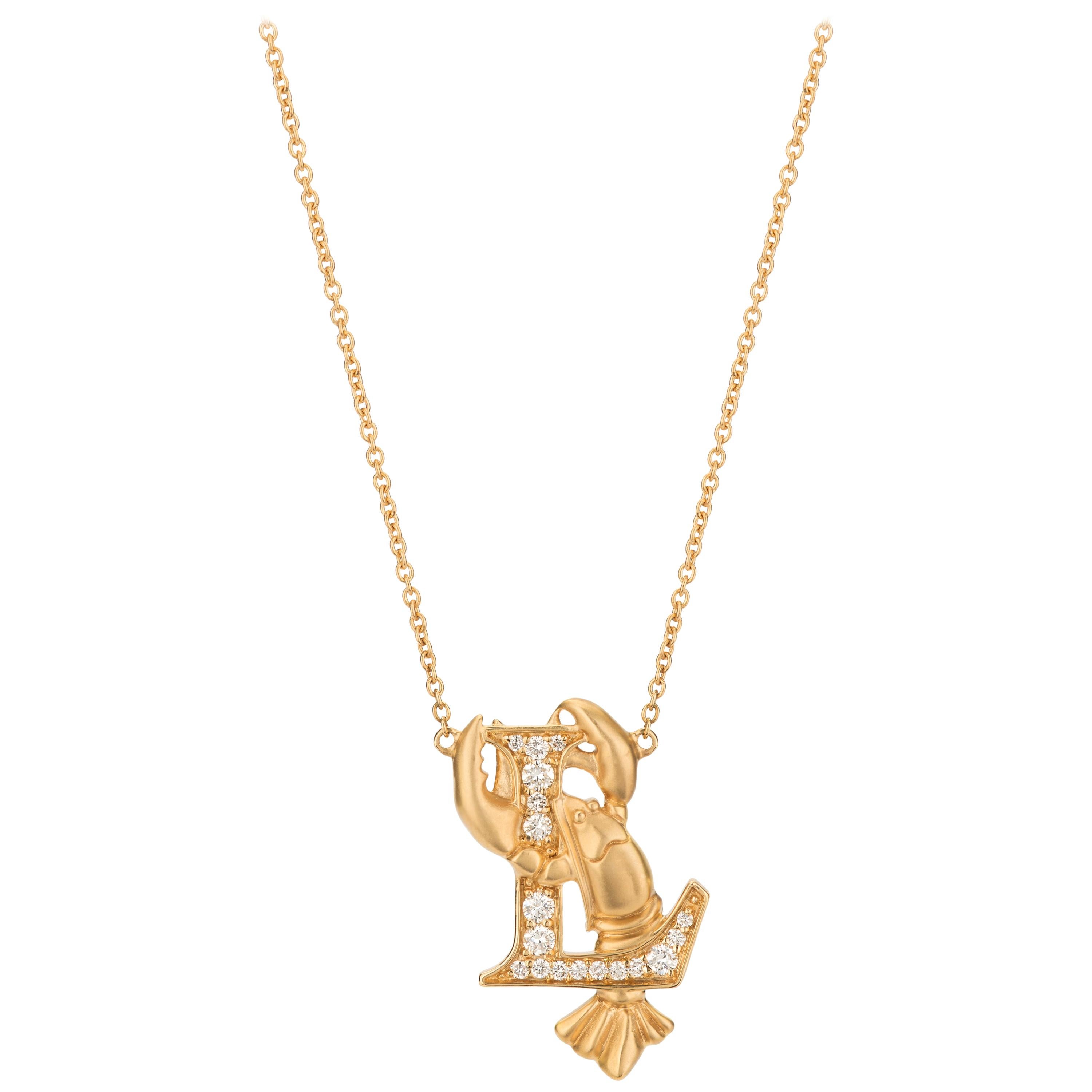 Stephen Webster Fish Tales L is for Lobster 18K Gold and White Diamond Necklace