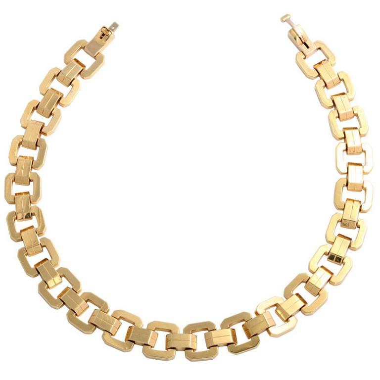 Midcentury Geometric Square Link and Double Bar Gold Necklace