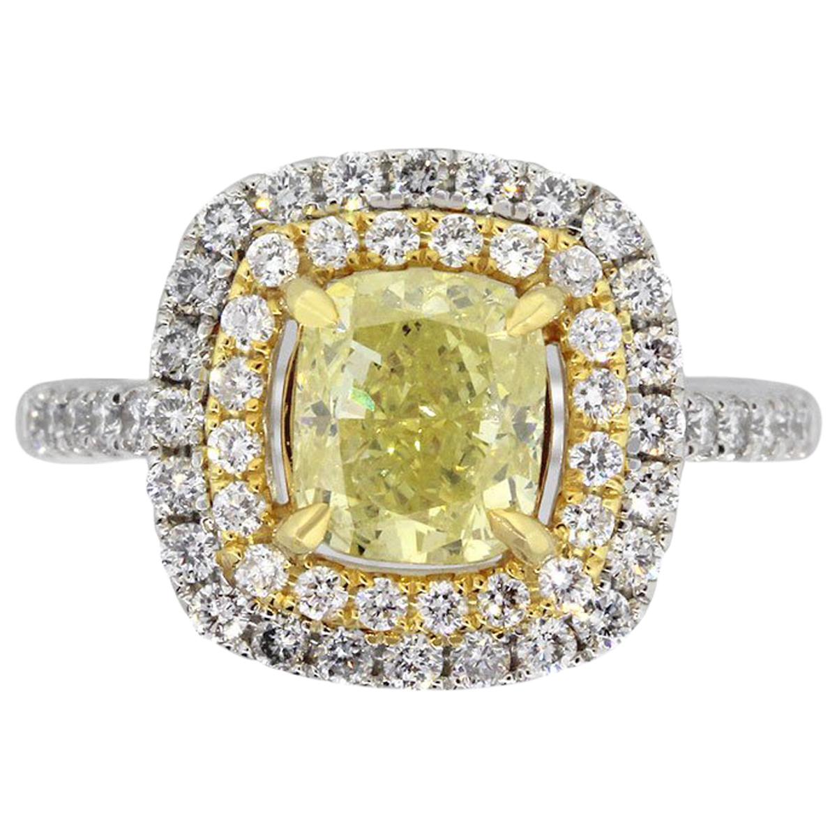 1.71 Carat Cushion Intense Yellow GIA Diamond Engagement Ring