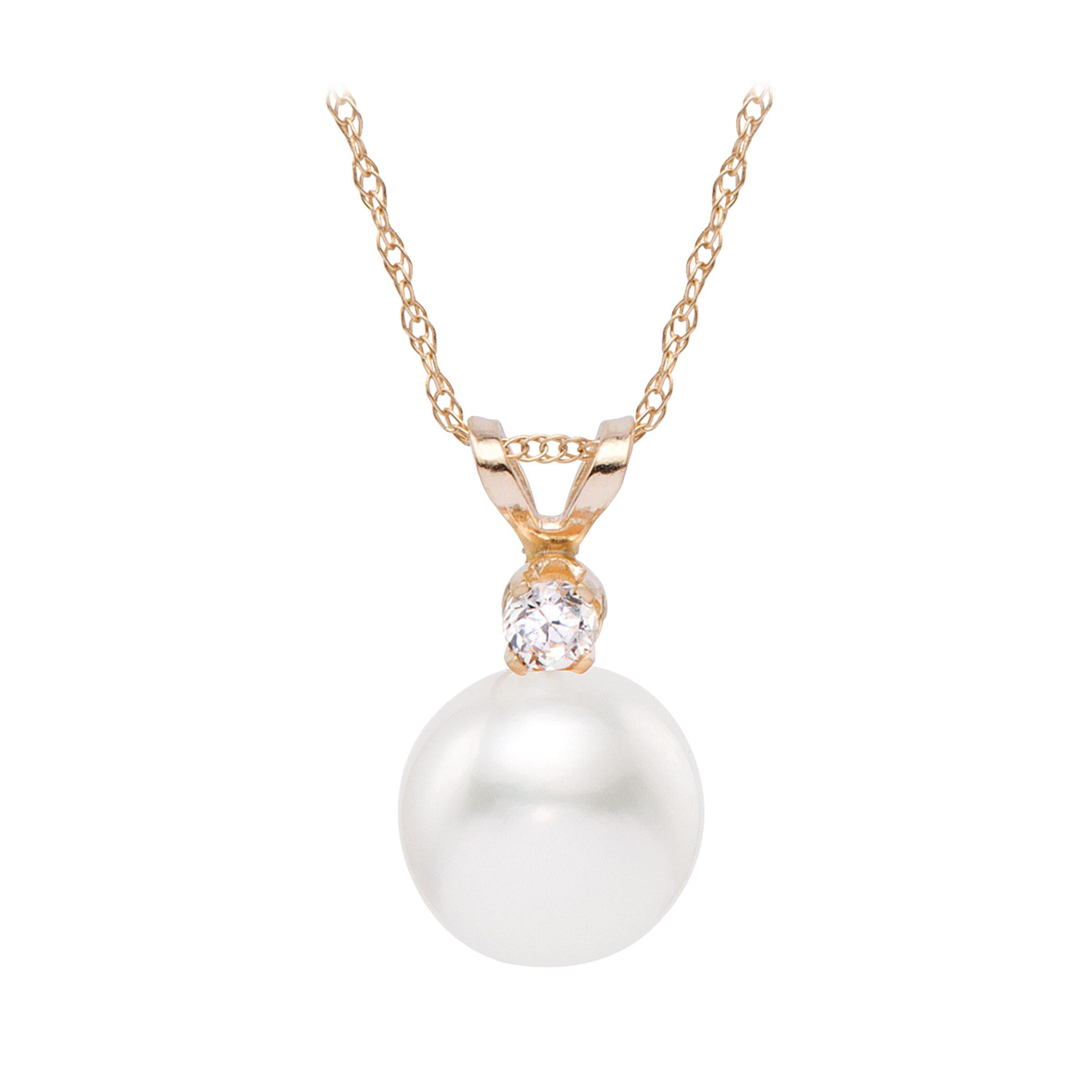 14 Karat Gold Cultured Freshwater Pearl and 5pt TDW Diamond Pendant Necklace For Sale