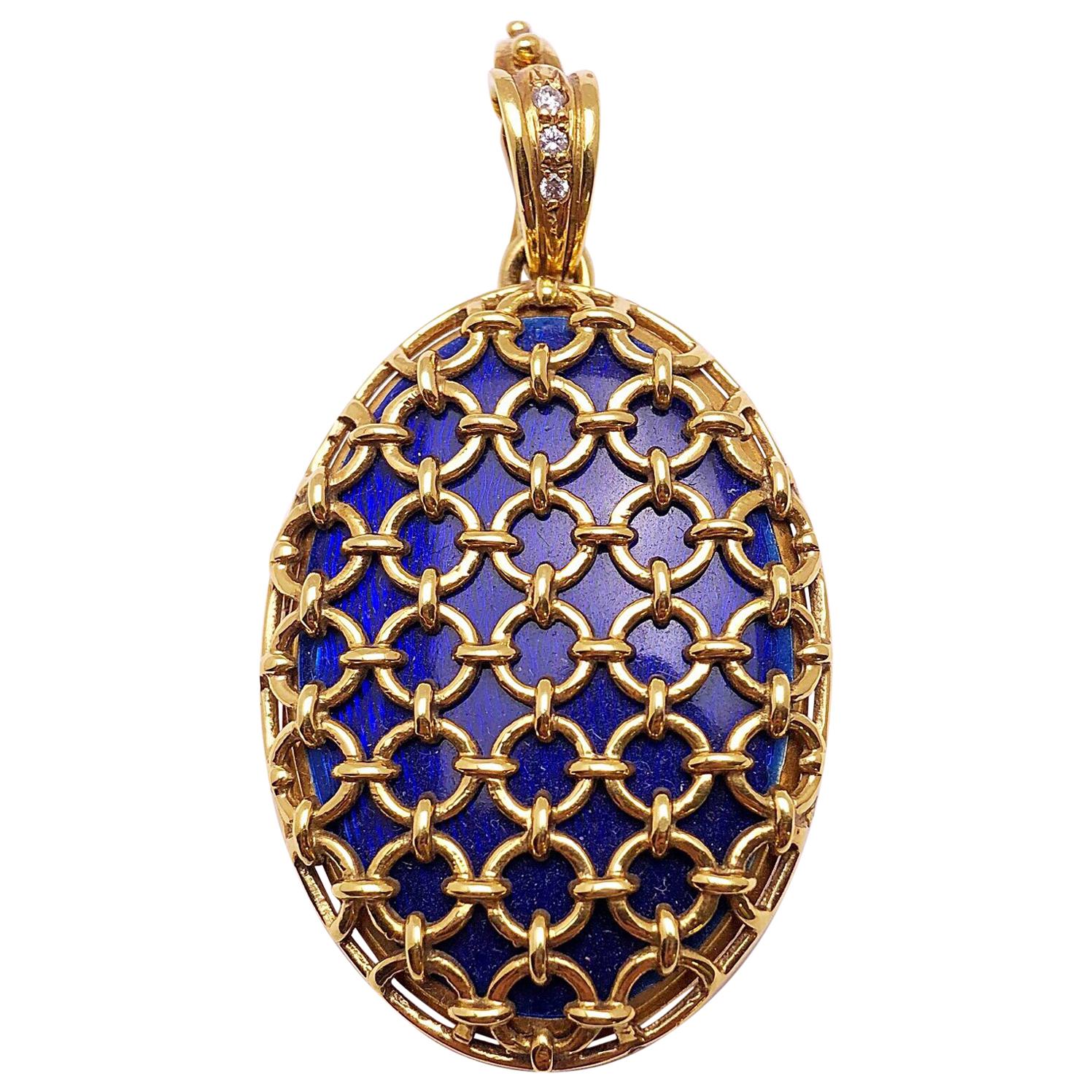 Modern Faberge 18 Karat Yellow Gold Blue Guilloché Caged Locket with Certificate