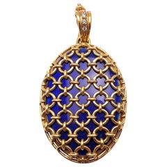 Modern Faberge 18 Karat Yellow Gold Blue Guilloché Caged Locket with Certificate