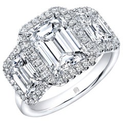 GIA Certified 2.04 Carat F/SI1 3-Stone Emerald Cut Halo Ring