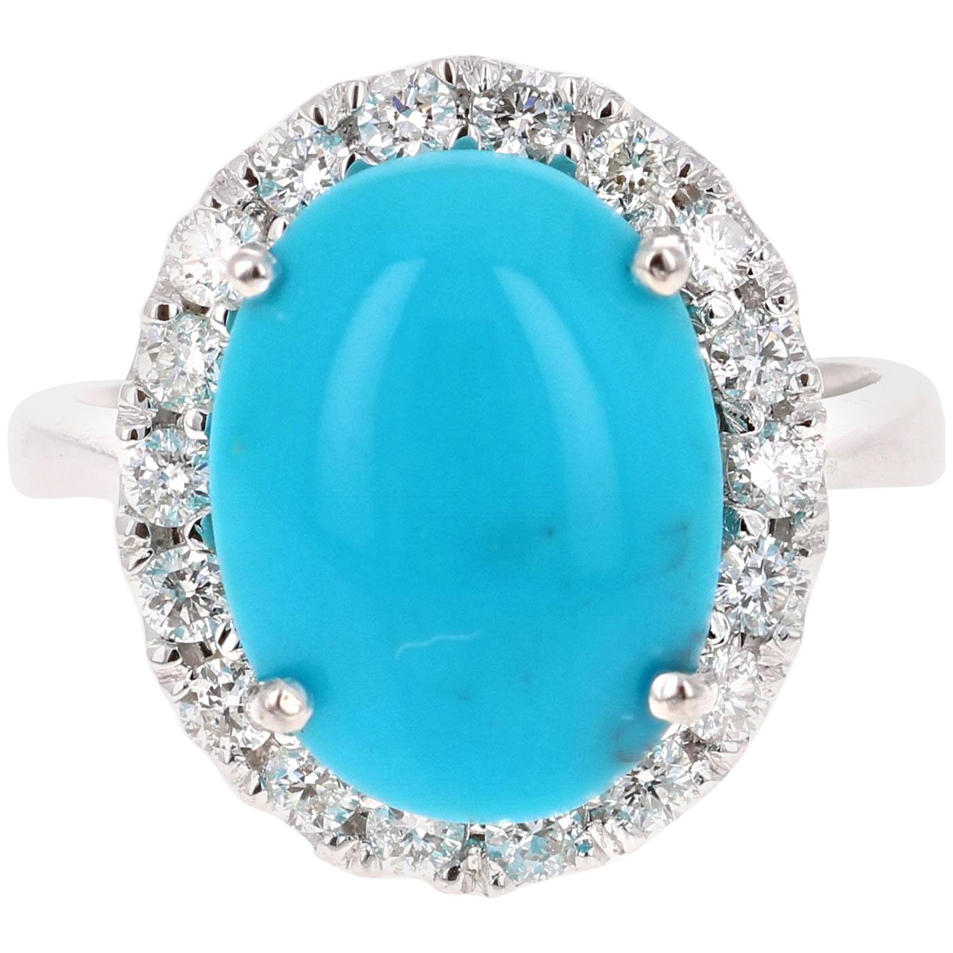 7.28 Carat Oval Cut Turquoise Diamond White Gold Cocktail Ring