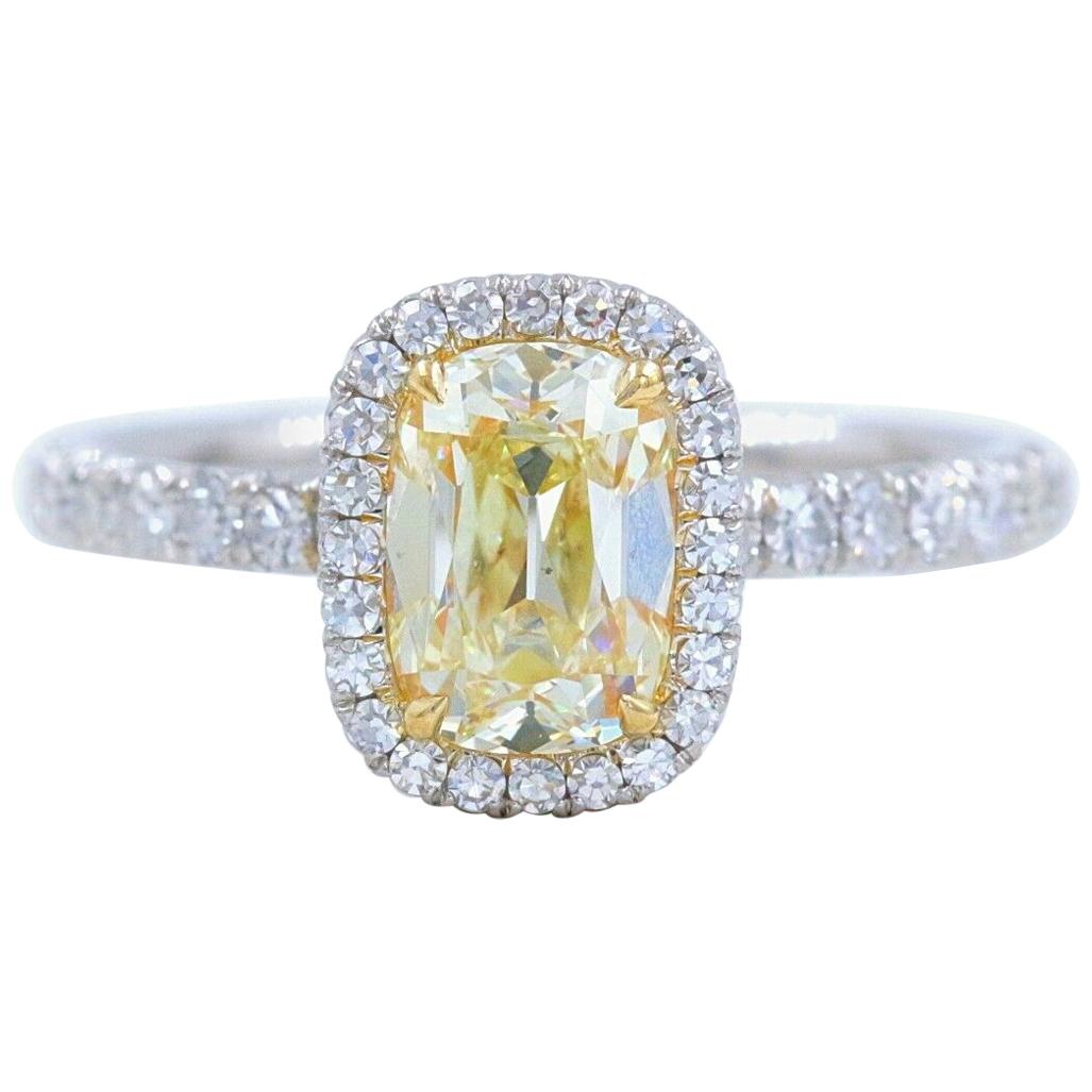Yellow Cushion Platinum Diamond Engagement Ring 1.54 tcw Halo 18k Yellow Gold
