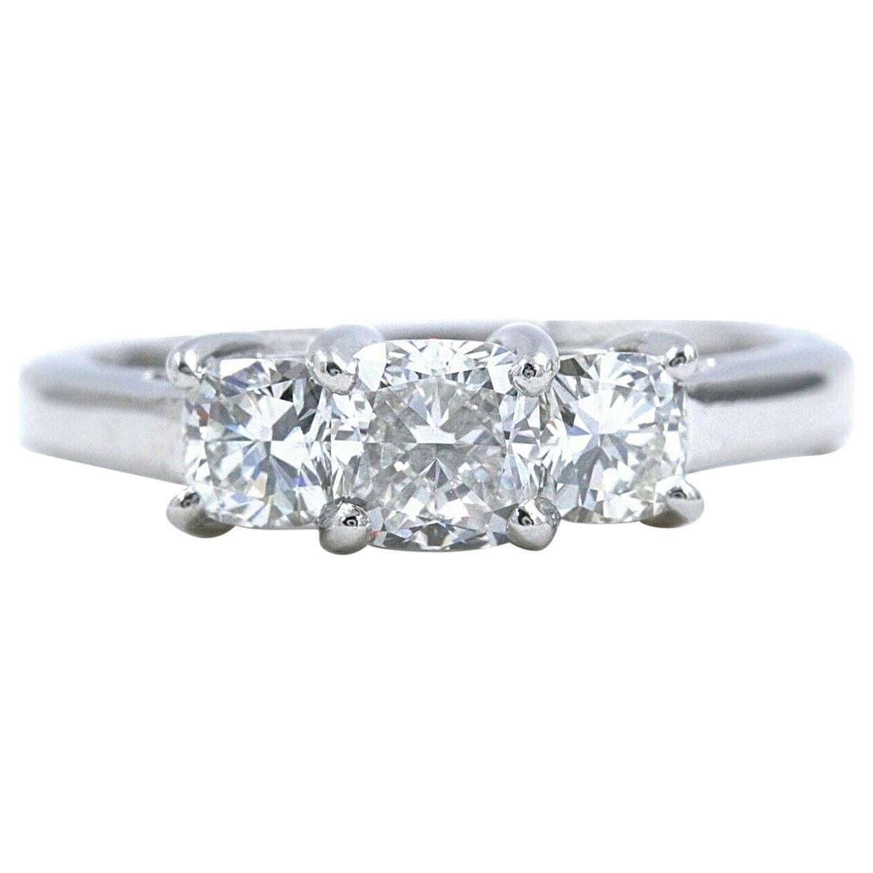 Blue Nile 3-Stone Platinum Diamond Engagement Ring Cushion 1.96 Carat For Sale