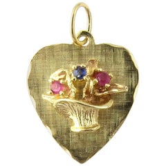 14 Karat Yellow Gold Heart and Flower Basket Charm