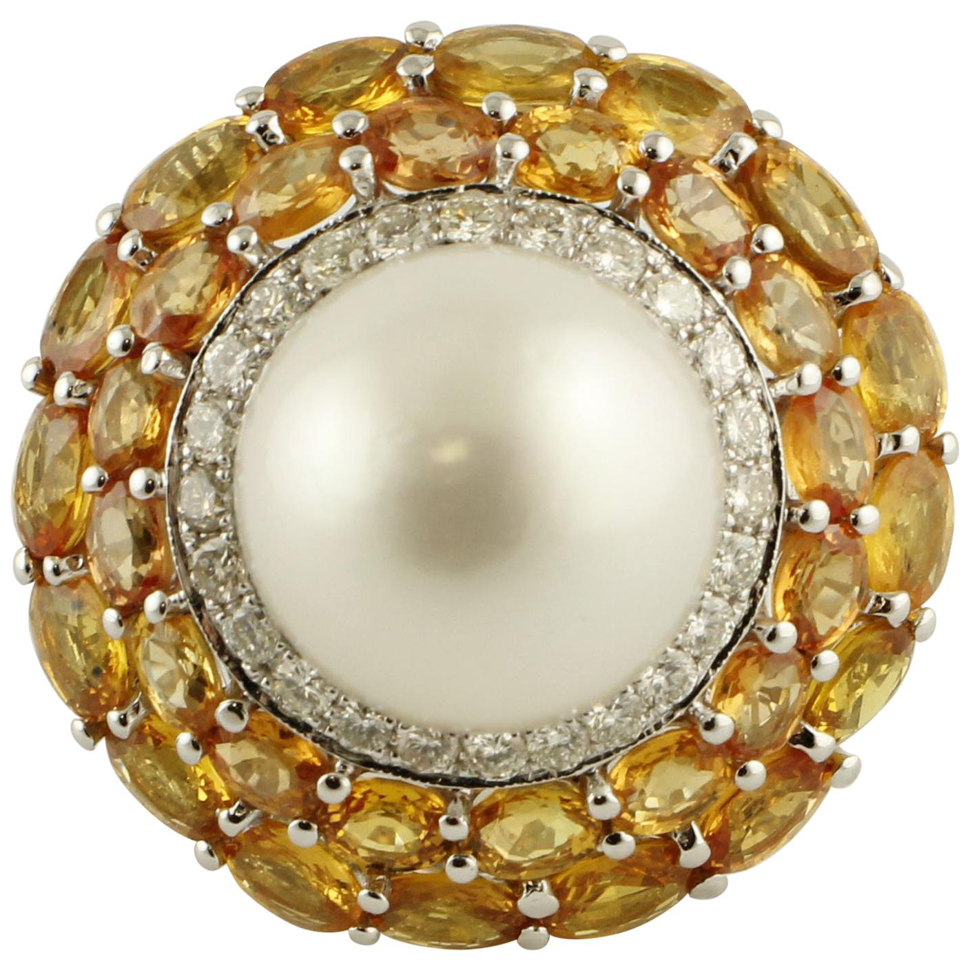 Diamonds, Yellow Sapphires, Pearl White Gold Cluster Ring