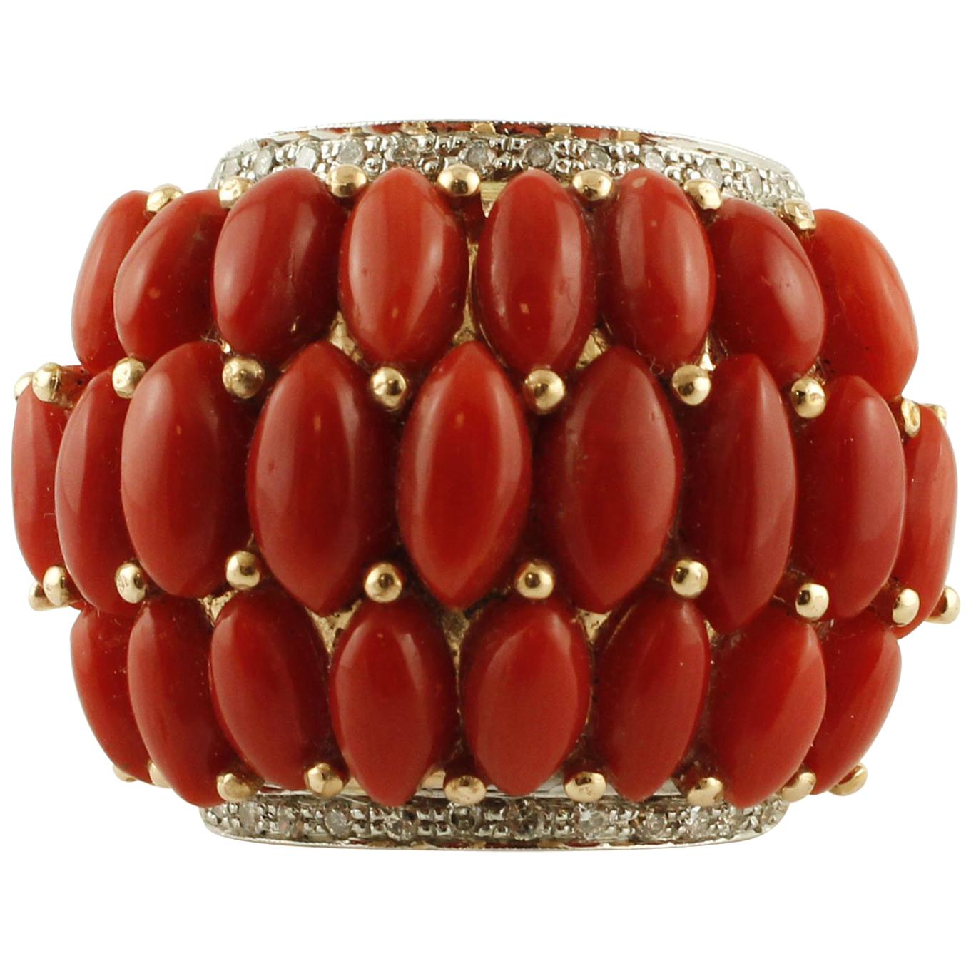 0.35 ct Diamonds, 3.40 g Red Corals Drops, Rose and White Gold Band Ring For Sale