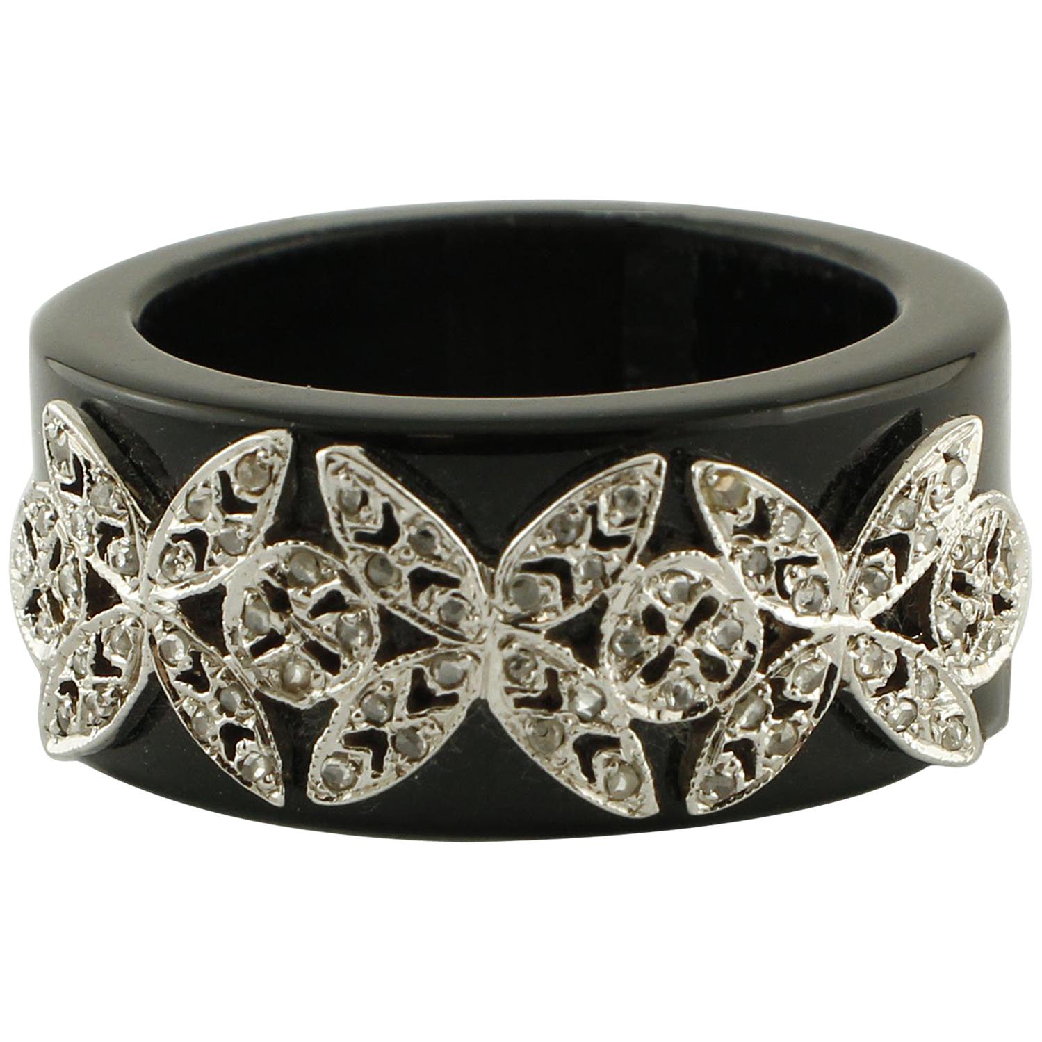 0.24 Diamonds, White Gold Butterfly Details, 5.9g Onyx Band Ring For Sale