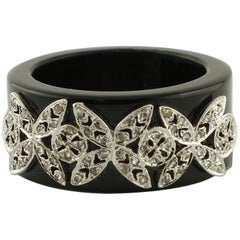 0.24 Diamonds, White Gold Butterfly Details, 5.9g Onyx Band Ring