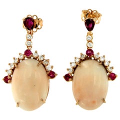 Peau D'ange Coral Diamond Ruby Gold Drop Earrings