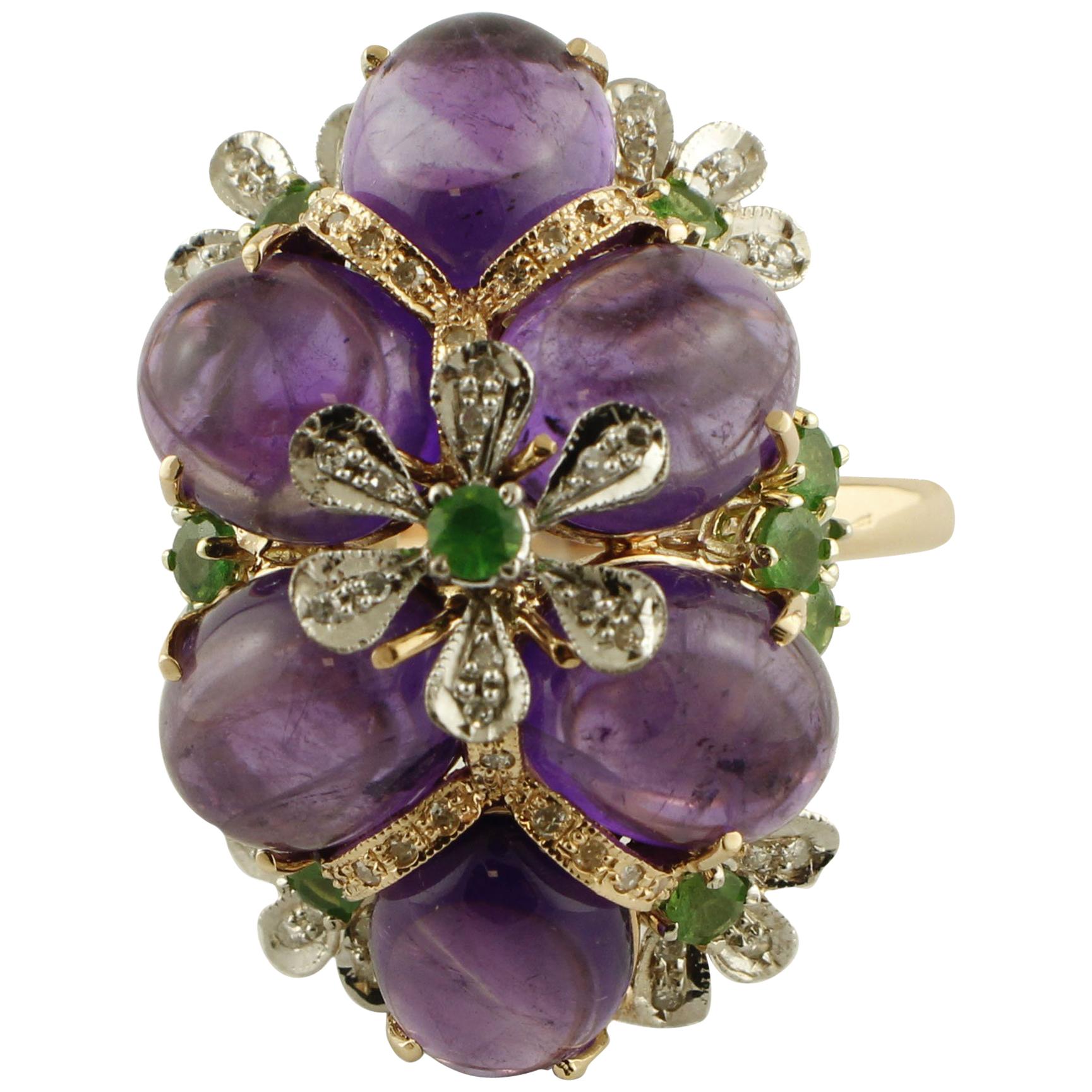 0.30 Carat Diamonds, 16.57 Carat Amethyst and Tsavorites Rose Gold Fashion Ring For Sale