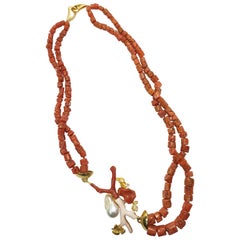 Sardinia Coral Two Strand Necklace Mounted with Gold-Plated Brooch