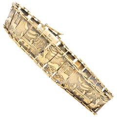 Antique Art Nouveau 9 Karat Gold Asian Scenic Panel Link Bracelet