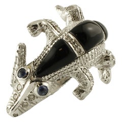 Vintage Diamonds, Blue Sapphires, Onyx, White Gold, Lizard Animal Shape Fashion Ring