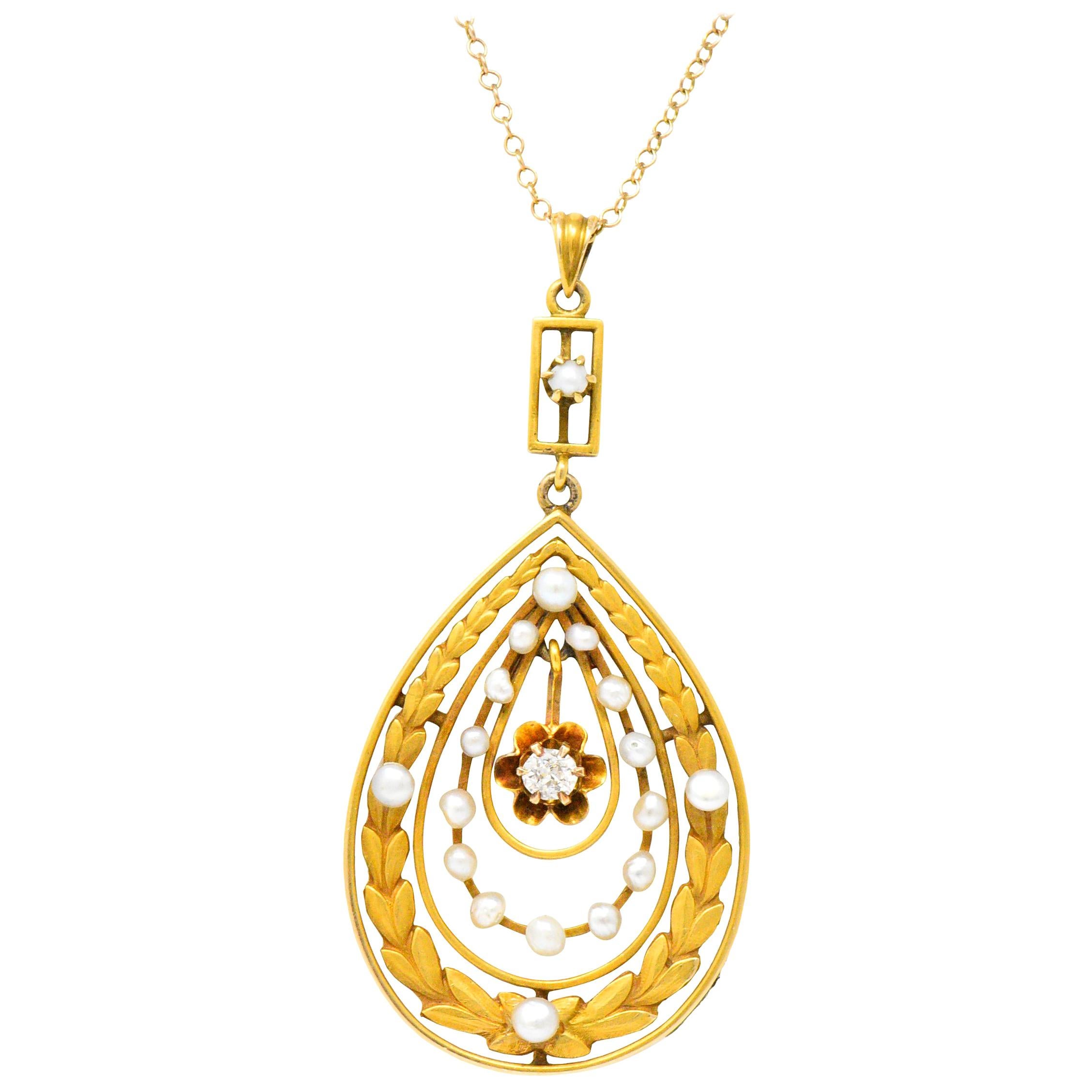 Art Nouveau Diamant Samen Perle 14 Karat Gold Anhänger Tropfen Halskette