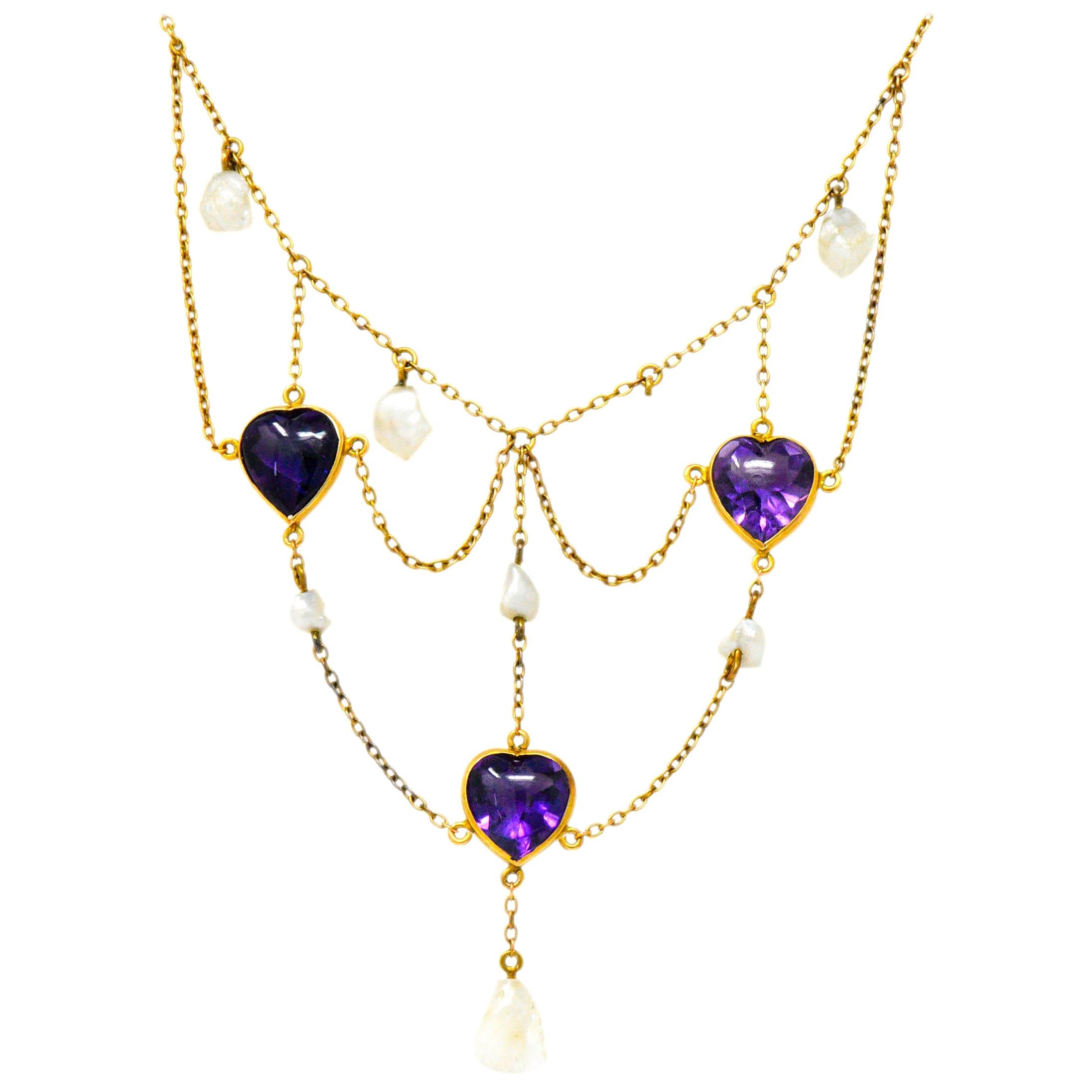 1880's Victorian Amethyst Pearl 14 Karat Gold Swag Necklace