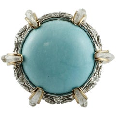 Vintage Diamonds, Rock Crystal, Turquoise, White and Rose Gold Cocktail Retrò Ring
