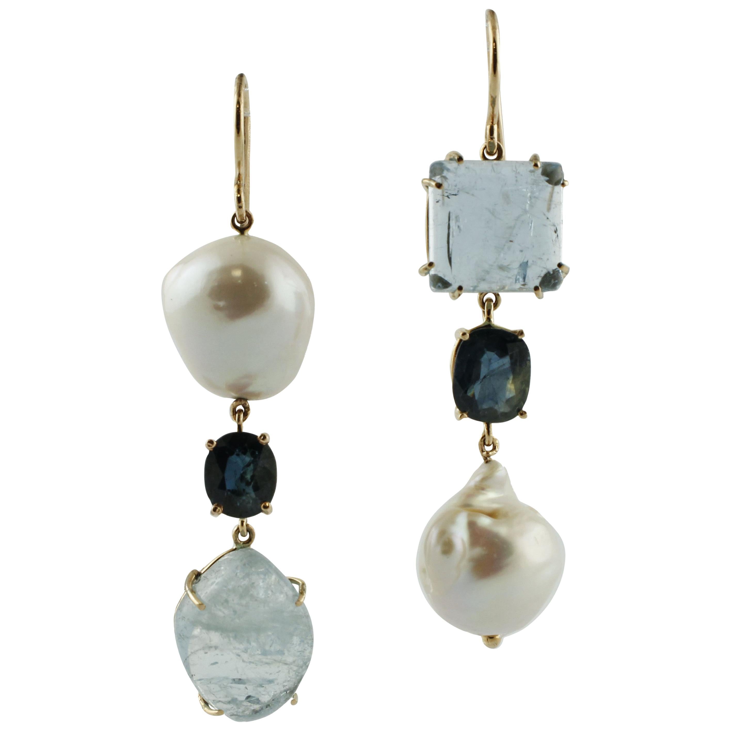 Blue Sapphires, Aquamarine, Pearls Rose Gold Drop Earrings
