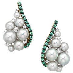 Qayten 18K white gold earrings, diamond 0.50 ct, emerald 0.67 ct, akoya pearls