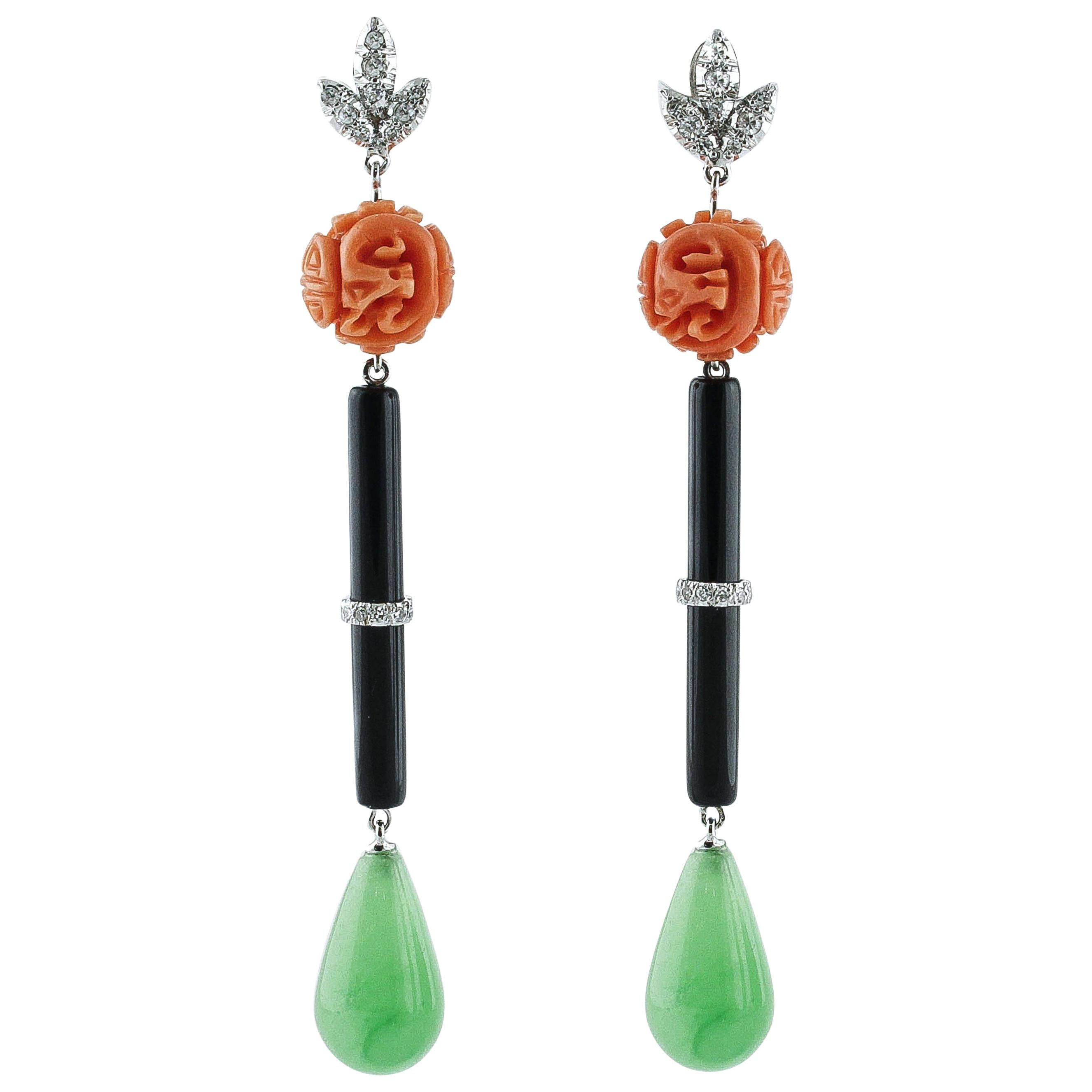 Diamond, Onyx, Green Agate Drops, Engraved Orange Coral, 14K Gold Drop Earrings