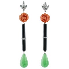 Vintage Diamond, Onyx, Green Agate Drops, Engraved Orange Coral, 14K Gold Drop Earrings